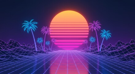 Fototapeta premium Vector Surreal Neon Palm Trees Retro Futuristic Cyberpunk Landscape