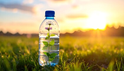 Plastic Bottle in Grassy Field at Sunset.