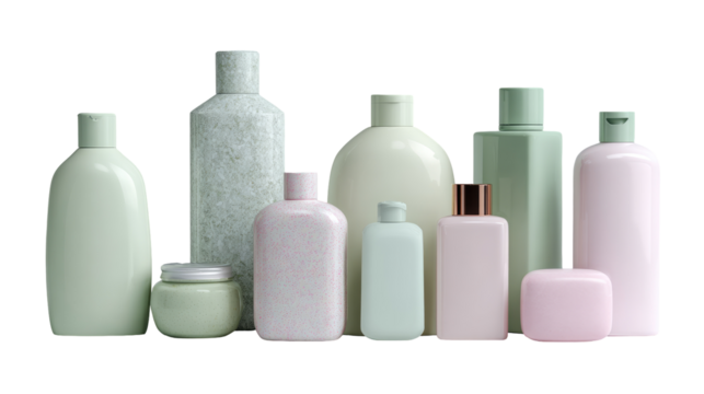 Row of pastel-colored plastic bottles and jars, various shapes and sizes, for skin and hair care products
