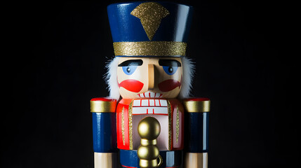 Nutcracker figurine with blue hat and gold accents against a dark background.