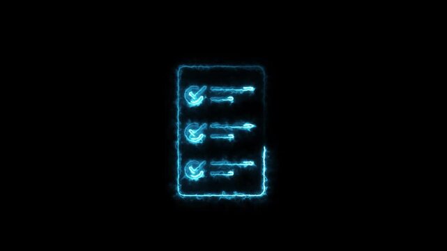 Cyan glowing checklist icon with three completed tasks on a black background Keywords: checklist, to-do list, task list, completed, done, checkmark, tick, list, document, paper, survey, form