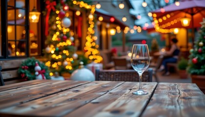A serene outdoor setting at nighttime during what appears to be Christmas season, indicated by the presence of festive decorations such as Christmas trees adorned with lights and ornaments