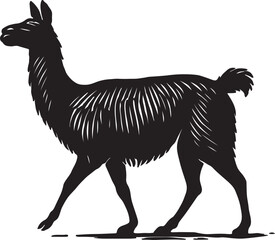 Silhouette of a llama standing gracefully in profile showcasing its distinctive long neck and woolly coat in a stylized illustration