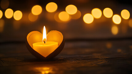 Heart shaped candle burning with blurred lights in background creating a warm atmosphere.