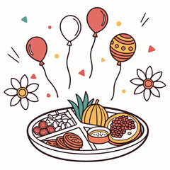 A festive and colorful illustration featuring a traditional nepali thali meal with various dishes accompanied by floating balloons and decorative elements symbolizing celebration and cultural heritage