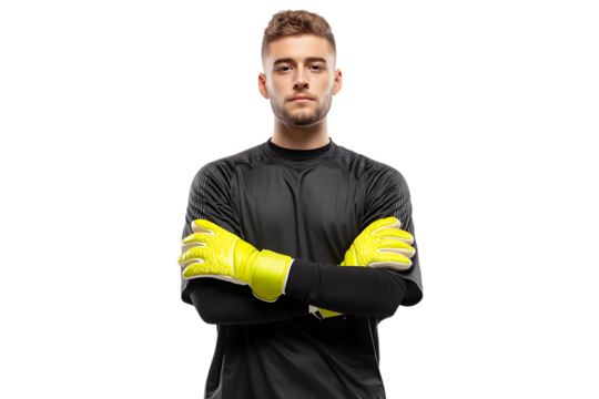 A young male soccer goalkeeper wearing a black jersey and yellow gloves, standing with his arms crossed, isolated on transparent background