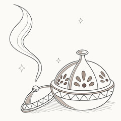 A stylized line drawing of an ornate incense burner with smoke rising and small sparkling stars evoking a sense of tradition and aroma