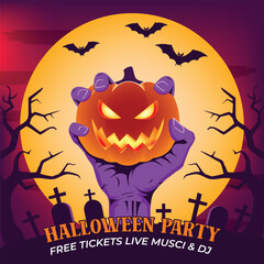 Vector art of halloween party flyer with jackolantern and bats background