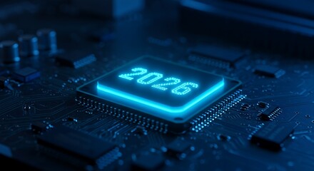Futuristic microchip glowing with the year 2026 on a highly-detailed, dark circuit board, symbolizing technology trends and a digital future timeline.