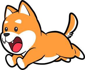 Cartoon Shiba Inu Dog Running Joyfully with Orange Fur White Markings and Black Outlines on Transparent Background