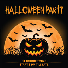 Vector art of spooky halloween party flyer with jackolantern and bats