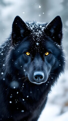 A close up portrait of a black wolf with yellow eyes standing in the snow covered winter background