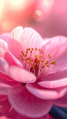 Close Up of a Vibrant Pink Flower with Golden Stamens and Soft Light, Bokeh Background in a Vertical Composition, High Detail Macro Shot