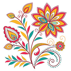 Vibrant and colorful floral paisley design with intricate details and swirling elements in yellow red and teal on a white background