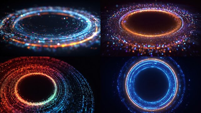 and keywords for the image you sent

 Rings of Light Abstract Sparkling Particles Forming Circular Portals in Dark Space