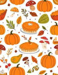 Autumnal pattern featuring pumpkins, pies, mushrooms, and leaves