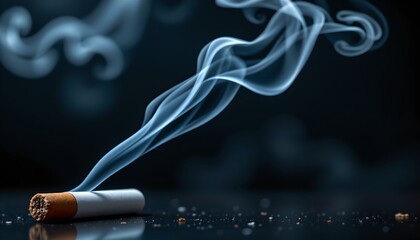 A close up of a lit cigarette, with the smoke trailing upwards in a dramatic fashion. The background is darkened, emphasizing the glow of the cigarette.