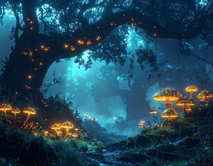 Obraz premium Enchanting forest scene with glowing mushrooms and a mystical atmosphere under a starlit sky.
