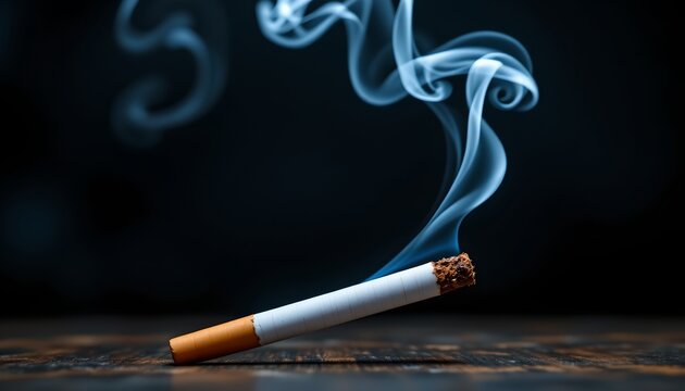 A single cigarette with a lit tip resting on an ashtray on a surface that appears to be a dark wooden table. The cigarette is positioned centrally in the frame, with visible smoke rising from it. - Powered by Adobe