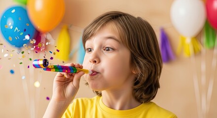 Young boy celebrating with party horn and colorful decorations  