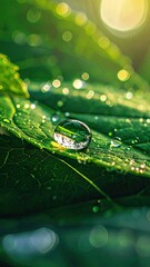 Close Up of a Green Leaf with Water Droplets in Macro Photography with Blurred Background and Bokeh Effect Nature Photography