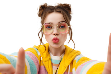 Young woman with fun hairstyle and colorful glasses making a kiss face, isolated on transparent background