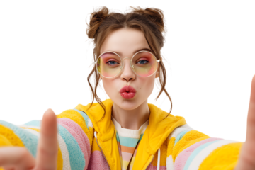 Young woman with fun hairstyle and colorful glasses making a kiss face, isolated on transparent background