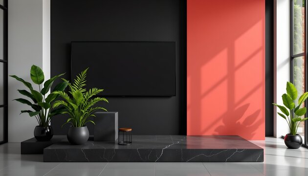 A modern interior space with sleek design elements. The focal point is a living room area featuring a dark coffee table topped with a few decorative items