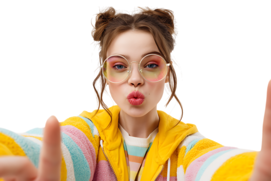Young woman with fun hairstyle and colorful glasses making a kiss face, isolated on transparent background