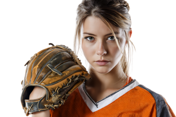 Young female softball player wearing an orange jersey and holding a catchers mitt, isolated on transparent background
