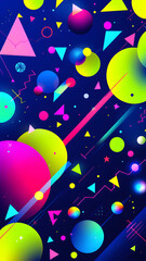 Abstract dark blue background with neon geometric shapes including circles triangles and lines art