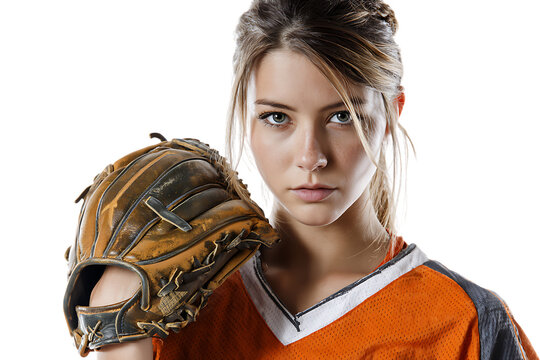 Young female softball player wearing an orange jersey and holding a catchers mitt, isolated on transparent background