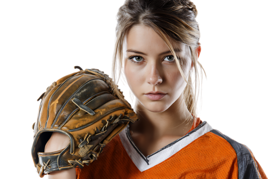 Young female softball player wearing an orange jersey and holding a catchers mitt, isolated on transparent background