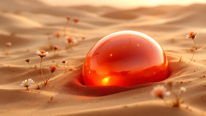 A glistening orange sphere nestled in the sandy dunes, surrounded by delicate white and orange flowers