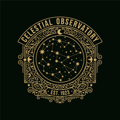 Elegant vintage emblem featuring the words Celestial Observatory, constellations, and the year 1923. © art.Co