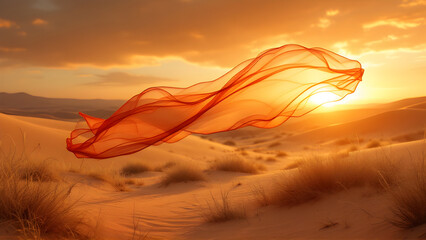 Flowing orange fabric in a desert landscape with a bright sunset and sand dunes visible in the background