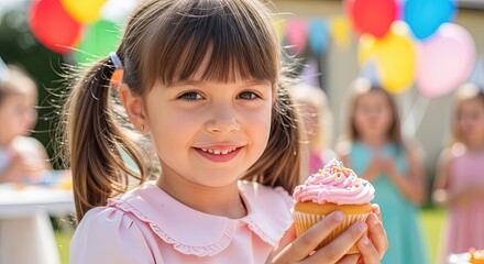Young girl smiling while holding a cupcake at birthday party  