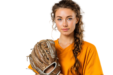 Young woman with a softball glove isolated on transparent background