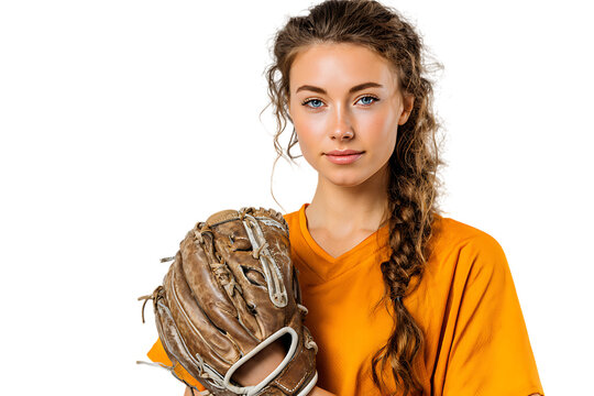 Young woman with a softball glove isolated on transparent background