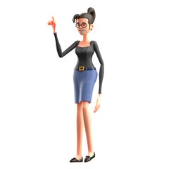 Cartoon Woman Illustration in Black Top and Blue Skirt with Transparent Background