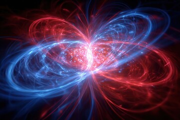 Abstract digital illustration of swirling blue and red energy patterns, creating a vibrant cosmic effect, representing the dynamic interplay of light and motion in a mesmerizing visual display