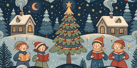 Carol Singers Christmas Seamless Pattern, Holiday Event Festive Tradition
