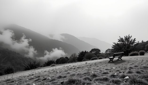 A tranquil mountainous landscape under foggy conditions. In the foreground, there's an open grassy area where a solitary park bench is situated, offering a viewpoint overlooking valleys and mountains