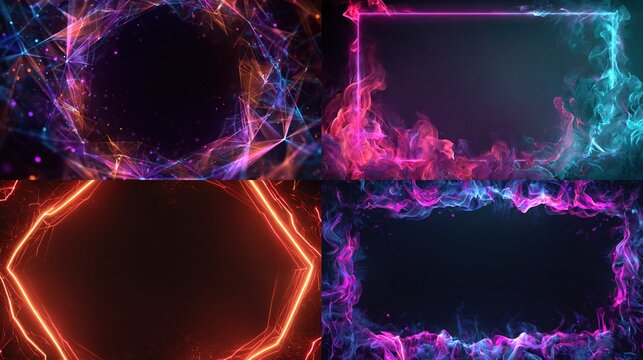 and keywords based on the image

 Vibrant abstract frames with geometric shapes and swirling energy effects on black back