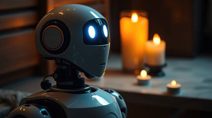 Robot head with candlelight, and wooden room.