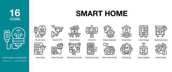 Smart Home icon set. Includes technology, home, smart, control, internet and More. Editable Stroke Icon Collection.