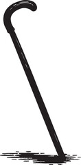 A classic black cane with a curved handle stands on a white background with a sketched shadow