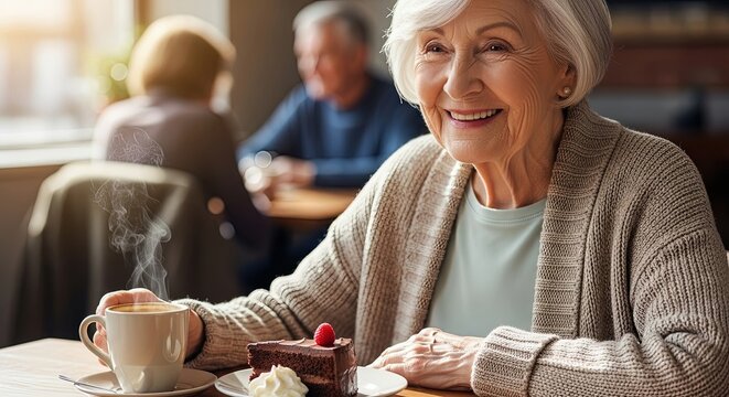 Elderly woman smiling while enjoying coffee and cake in cafe, concept of holidays - Powered by Adobe