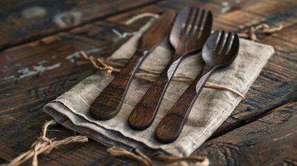 Rustic Wooden Utensils Tied with Twine on Linen Cloth