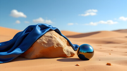 A desert scene featuring a rock draped with blue fabric and a reflective sphere under a sunny sky